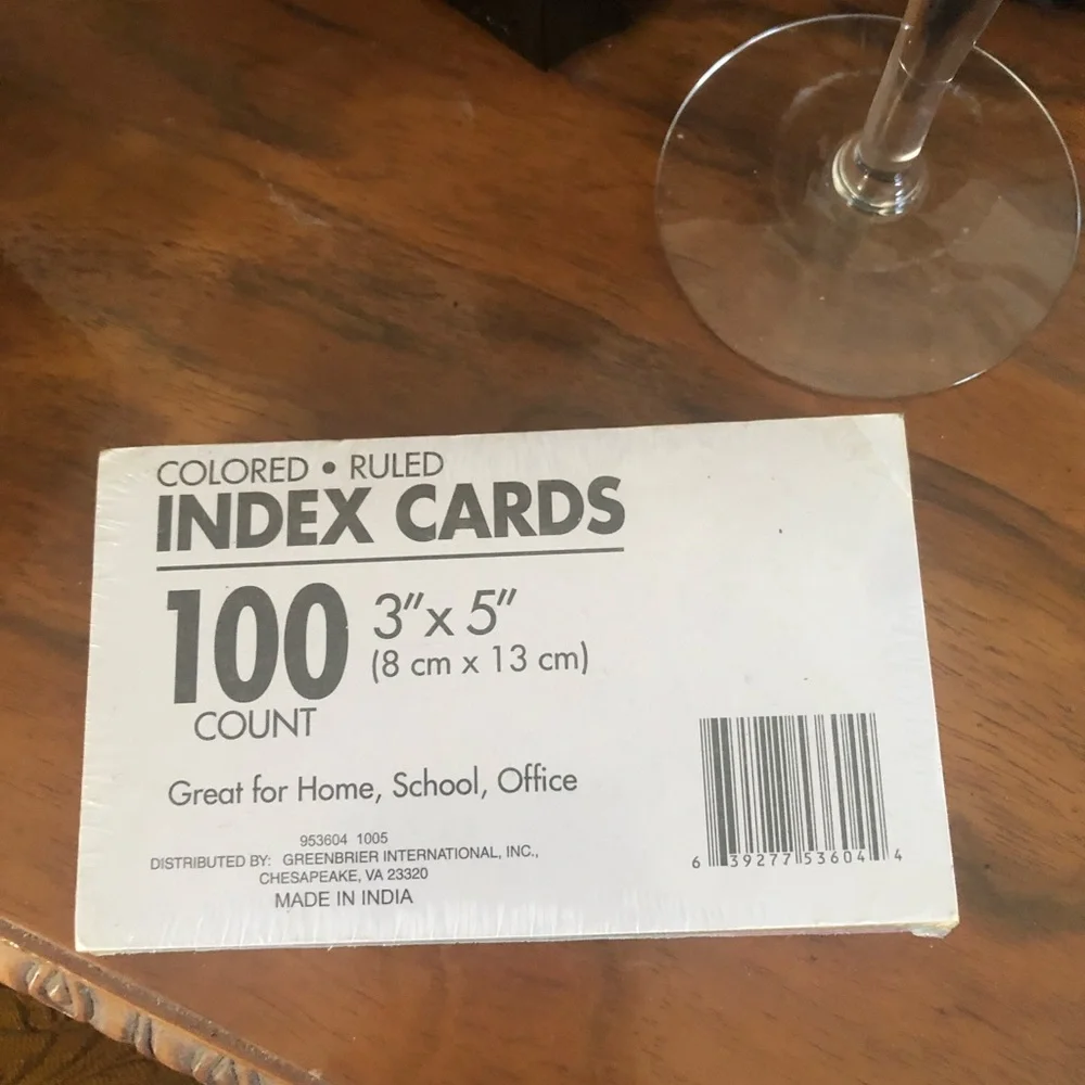 Colored 3” x 5” Index Cards Pack of 100